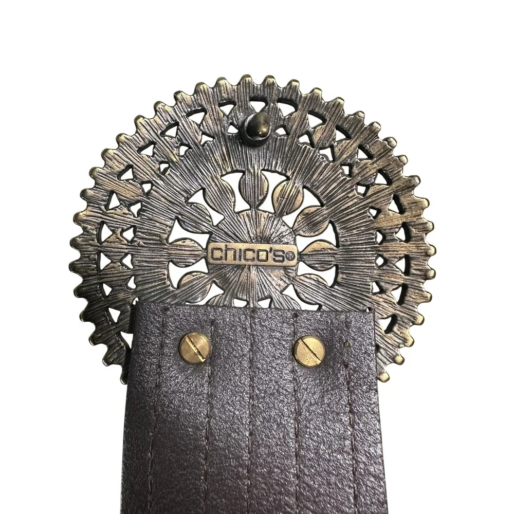 Chico's‎ Brown Leather Medallion Statement Belt Bronze Ornate Boho Wide NEW